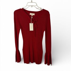 Ribbed Stretchy No Comment Women's V-Neck Sweater in Red
